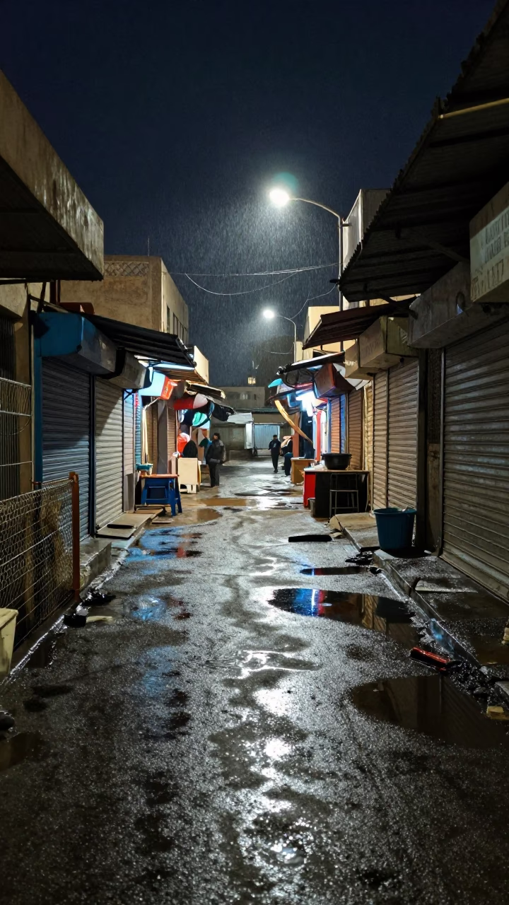 Sharm el-Sheikh Alley Puddle Night Reflection in along a market-lined side street in Sharm el-Sheikh