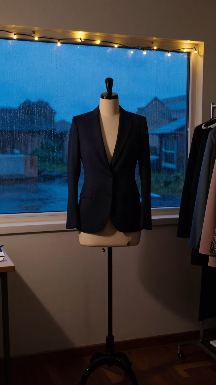 Sharp Suiting on Atelier Dress Form in Pointe-Noire in inside a couture atelier in Pointe-Noire