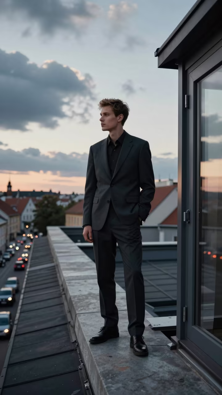 Sharp Suiting at Bydgoszcz Rooftop Edge in on a rooftop above evening traffic in Bydgoszcz