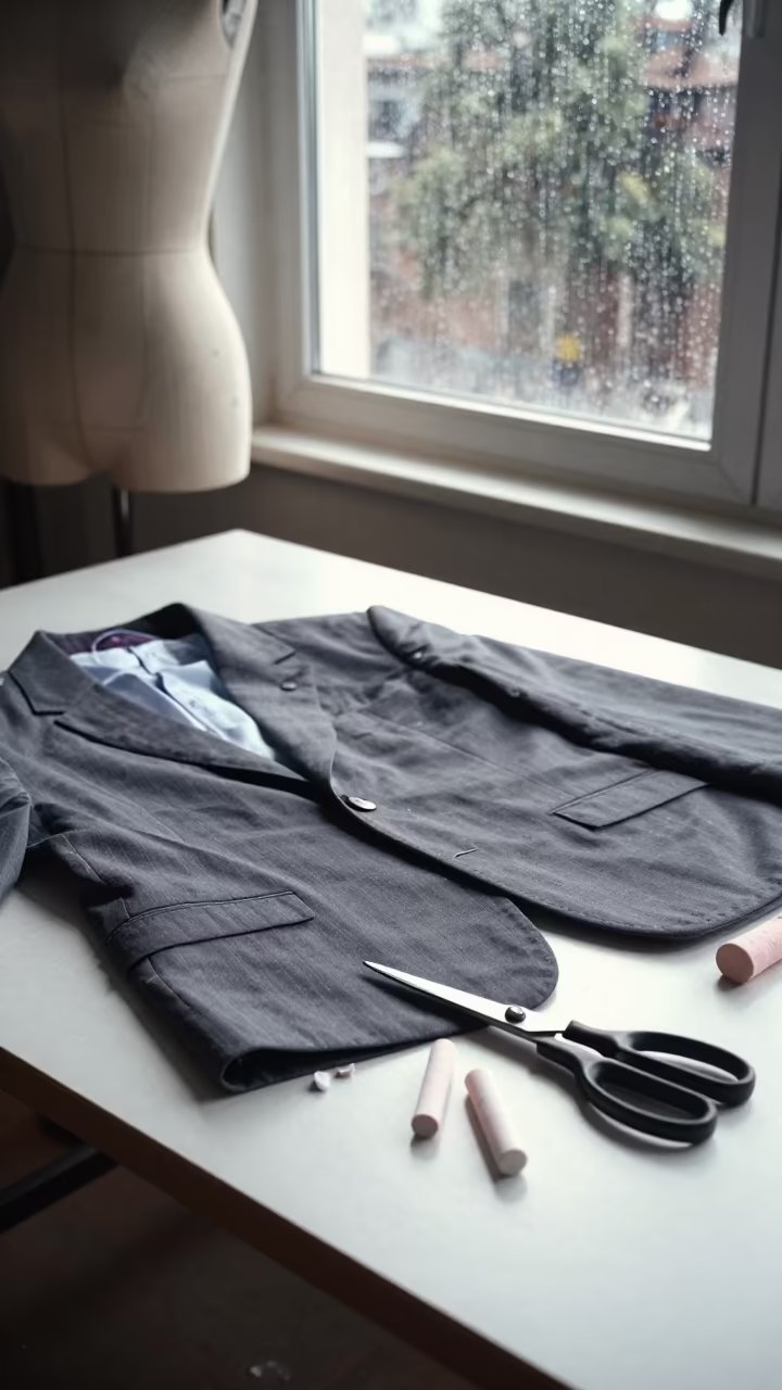 Sharp Suiting Dress Form in Khartoum Tailoring Studio in at a tailoring table strewn with chalk and shears in Khartoum