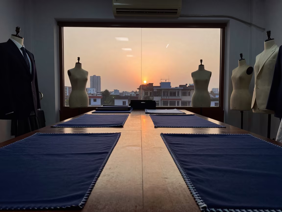 Sharp Suiting on Dress Form in Pune Atelier in inside a couture atelier in Pune