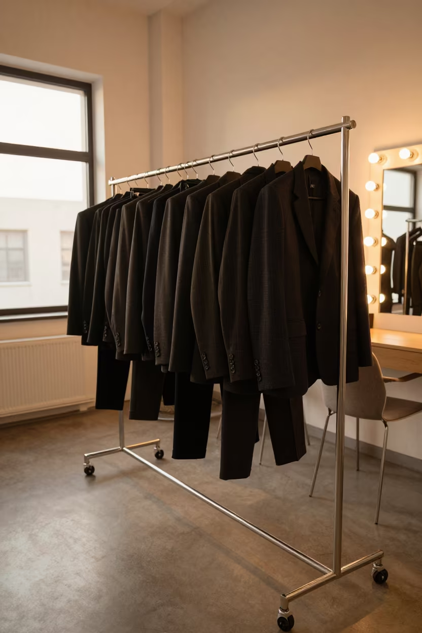 Sharp Suiting on Rail Beside Memphis Mirror in beside a mirror lined with makeup bulbs in Memphis