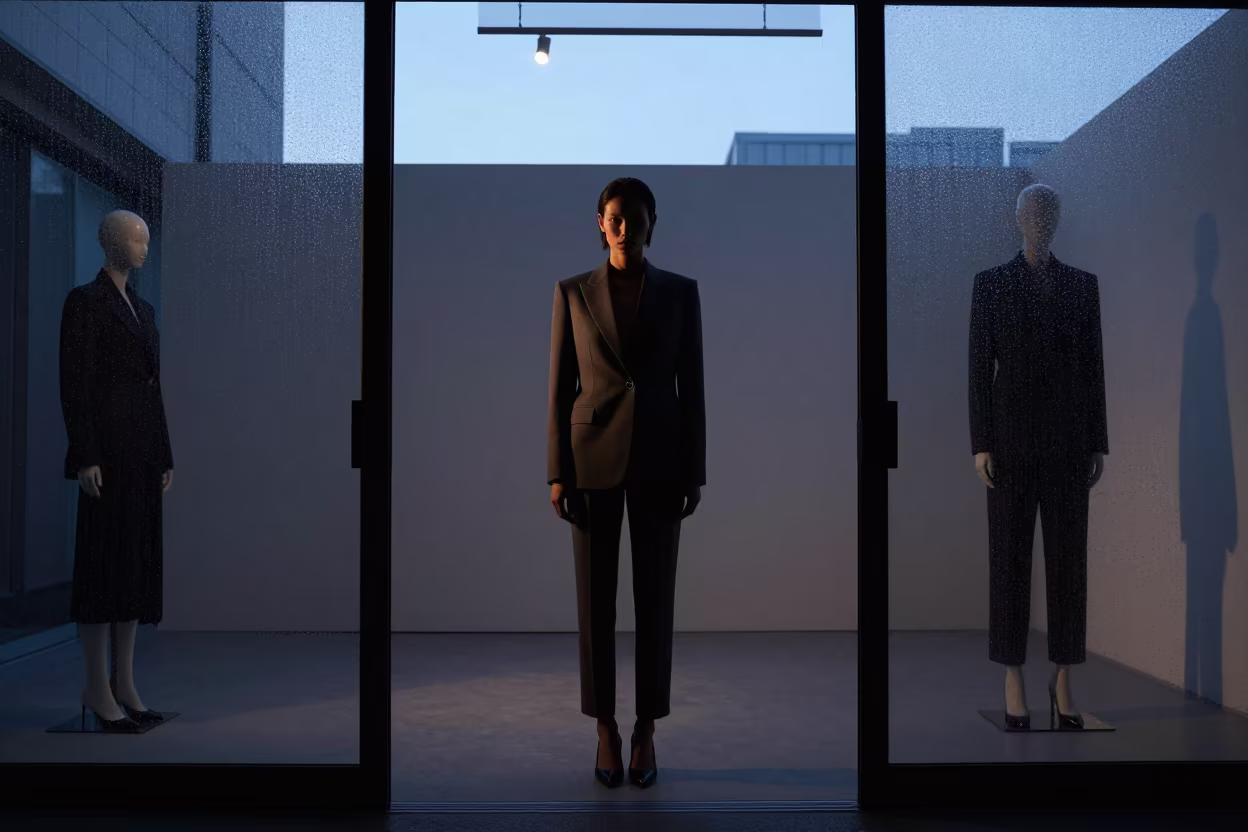 Sharp Suiting Twilight Doorway Fashion Showroom Kobe in inside a minimalist showroom near Kobe