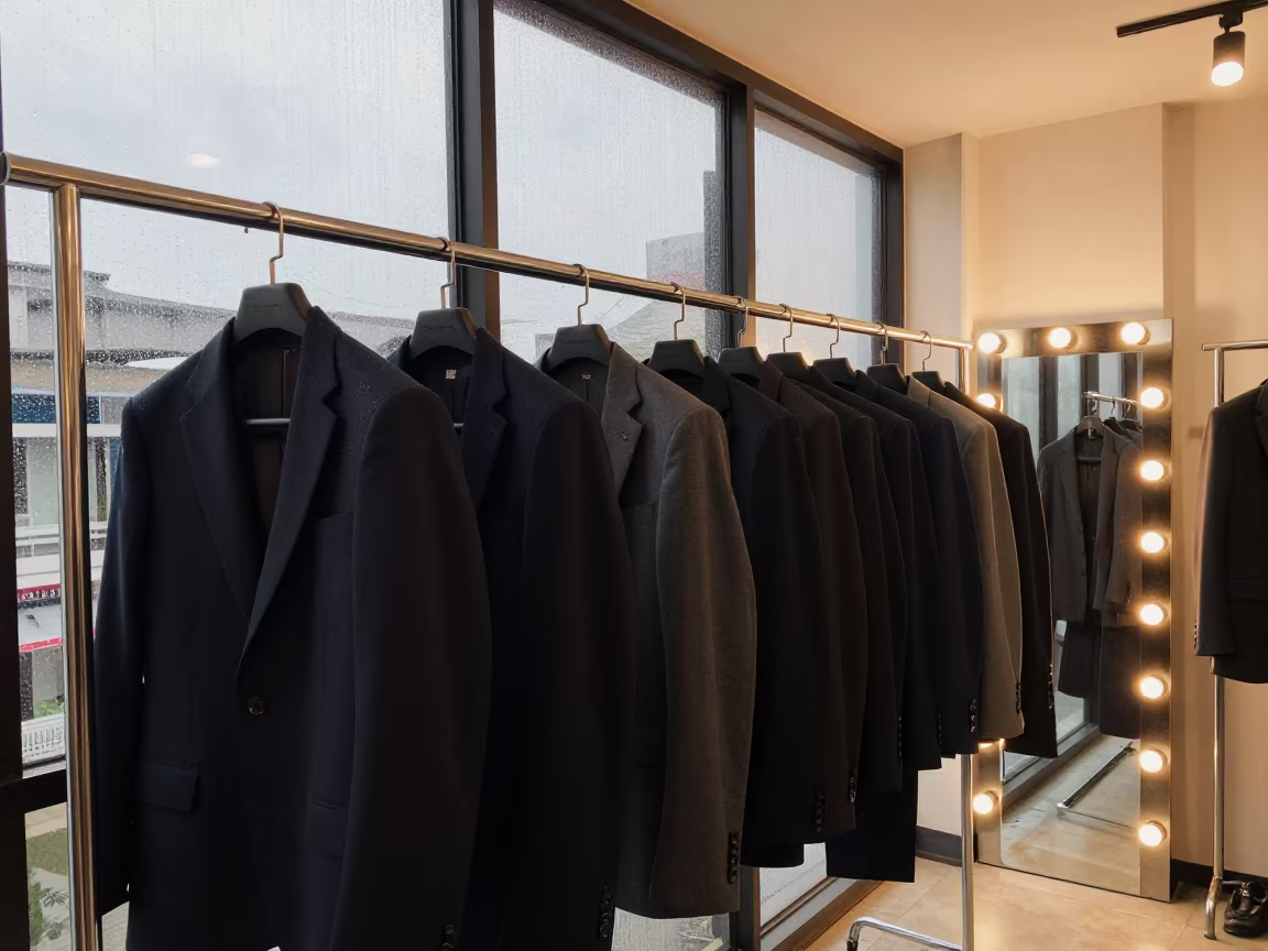 Sharp Suits on Rail Beside Bulb Mirror in Surabaya in beside a mirror lined with makeup bulbs near Surabaya