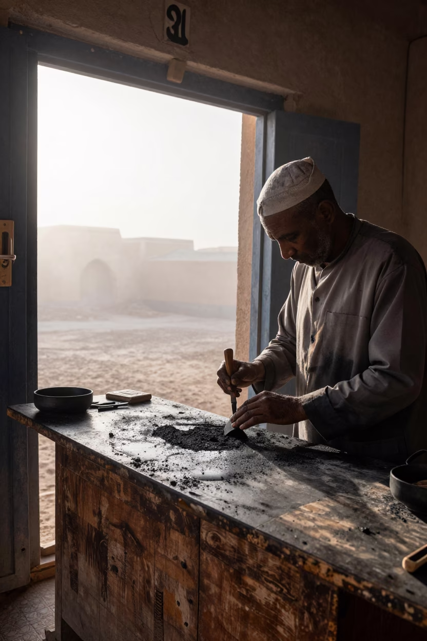 Sharpening Charcoal in Essaouira in in Essaouira, Morocco