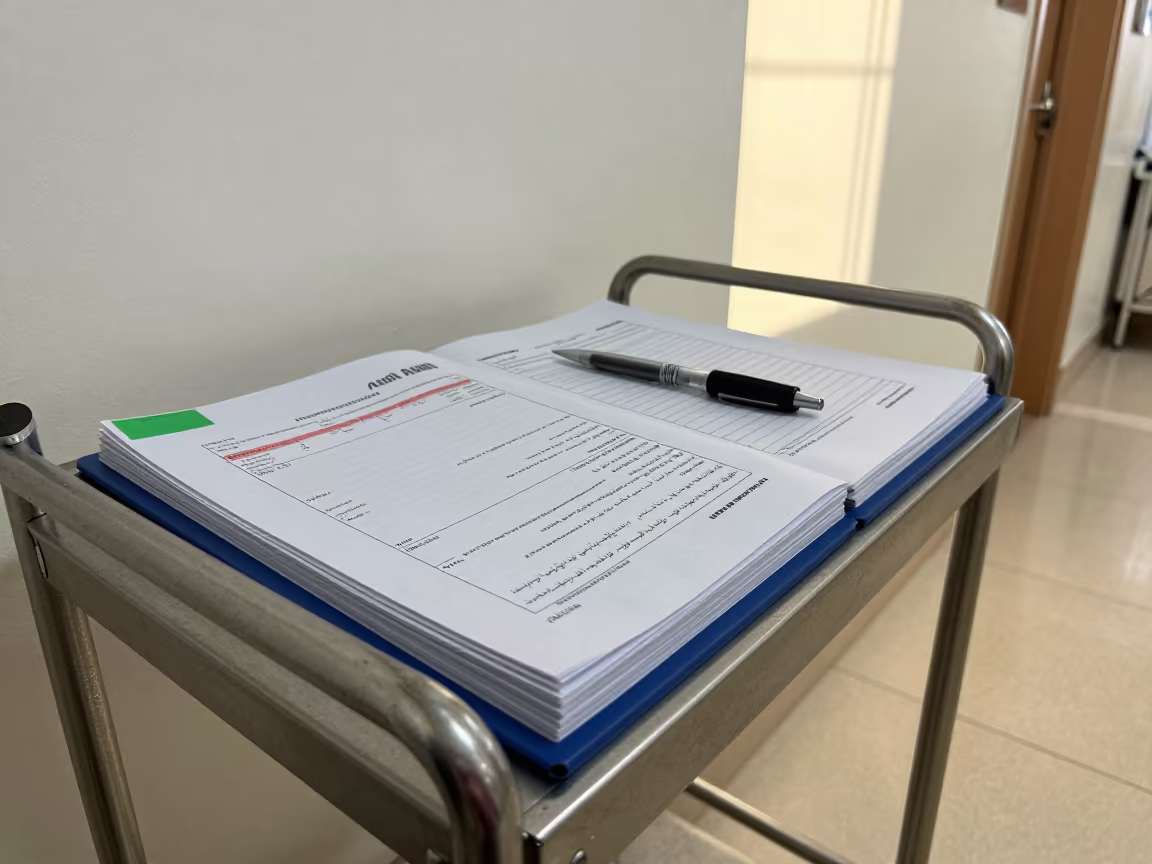 Sharps Audit Binder in Giza Hospital Corridor in inside a hospital corridor in Giza