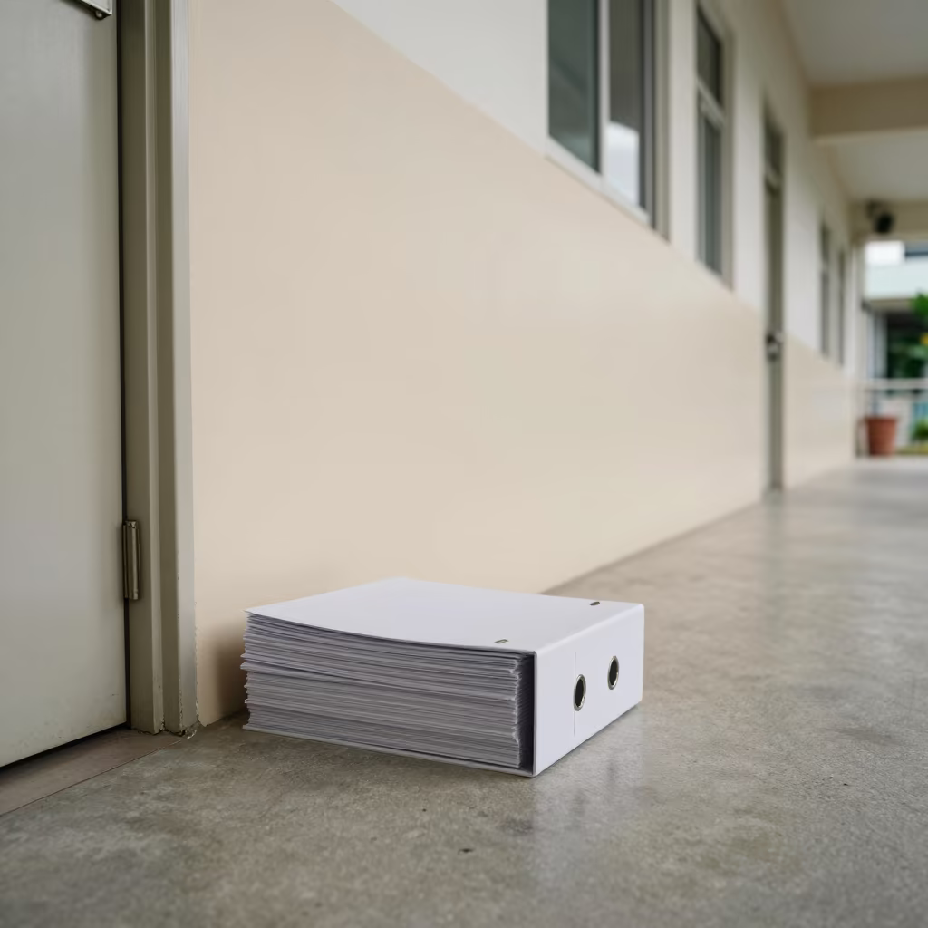 Sharps Audit Binder on Hospital Corridor Floor in inside a hospital corridor in Kampong Cham