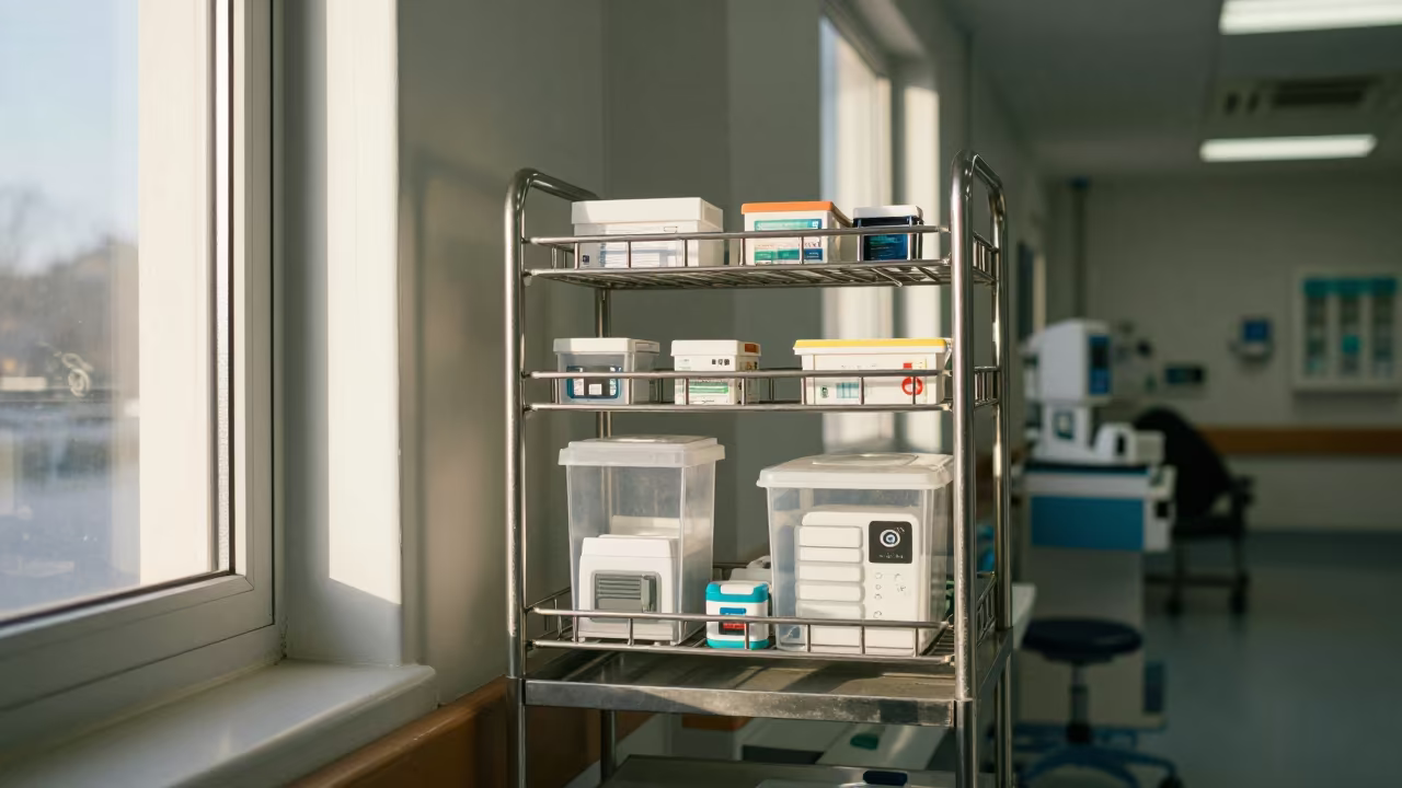 Sharps Replacement Rack in Athens Hospital Corridor in inside a hospital corridor near Athens
