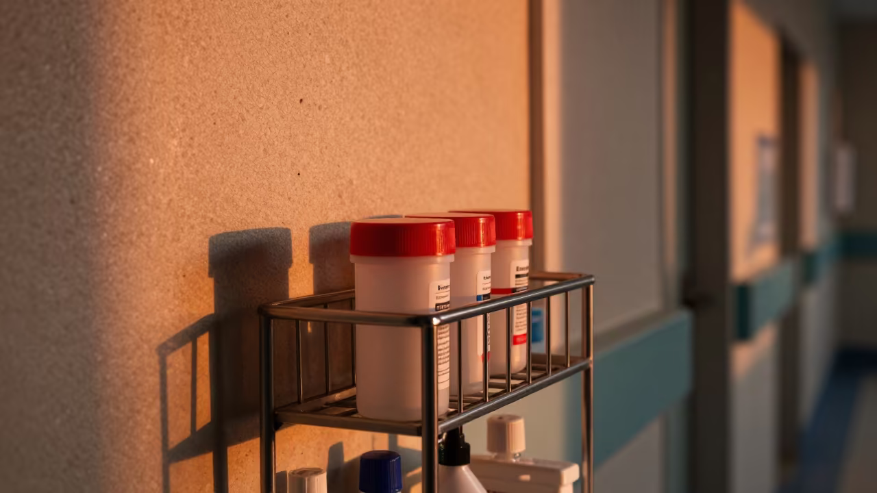 Sharps Replacement Rack in Kamsar Hospital Corridor in inside a hospital corridor in Kamsar