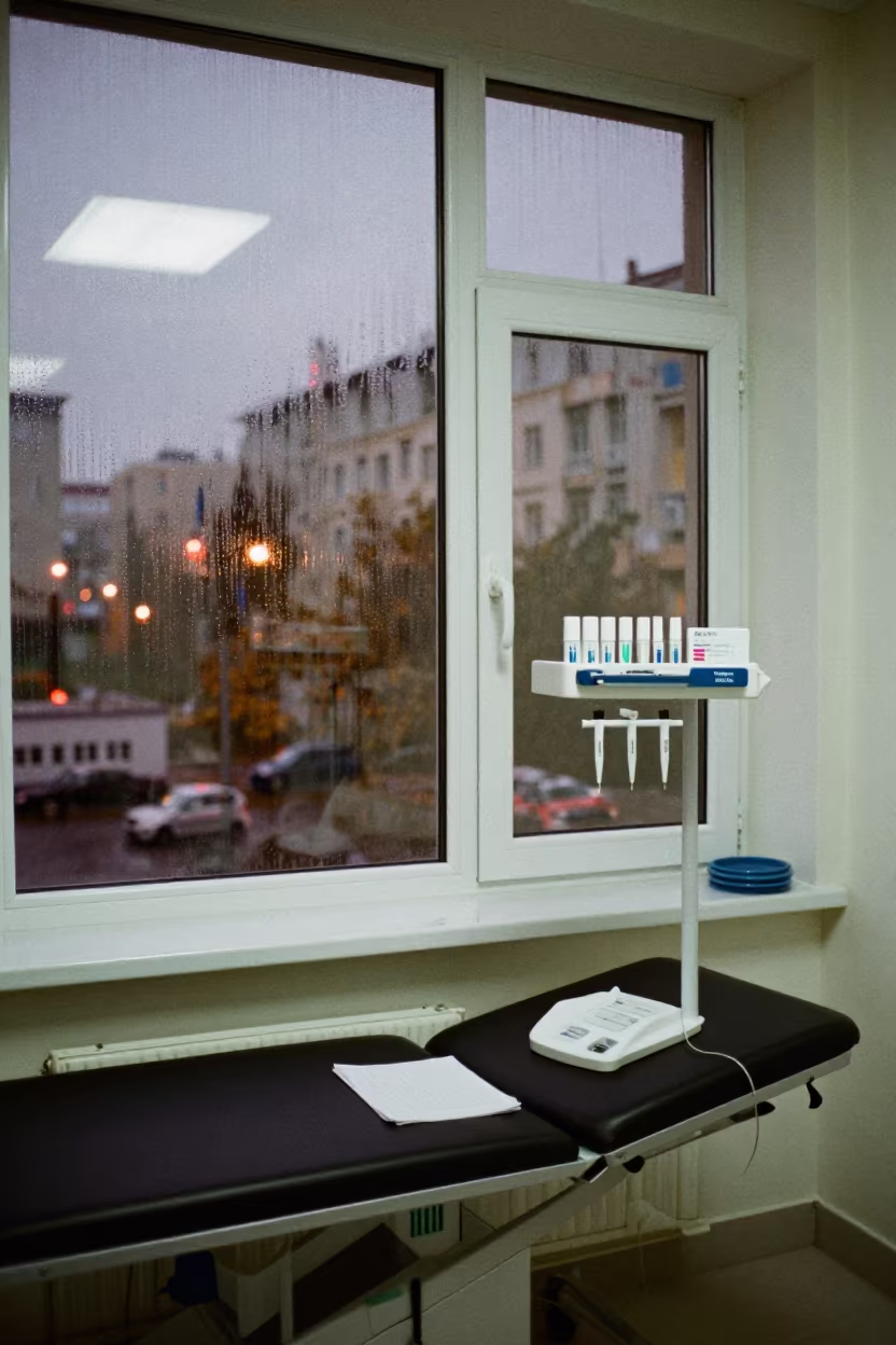 Sharps Replacement Rack in Kharkiv Clinic Exam Room in inside a clinic exam room in Kharkiv