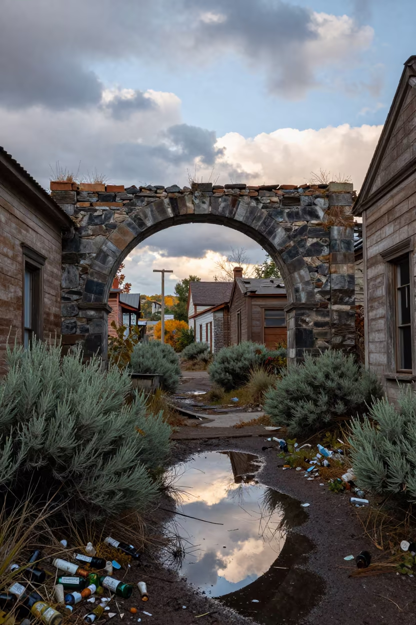 Shattered Bottles Under Stone Arch in Georgia in beneath a broken stone arch in Georgia