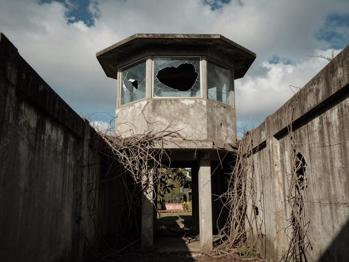 Shattered Glass Border Tower in Dry Season in along a vine-choked corridor near Port-au-Prince