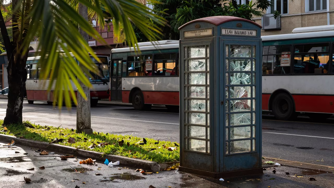 Shattered Glass Phone Booth Bayamo Street in outside a corner cafe in Bayamo