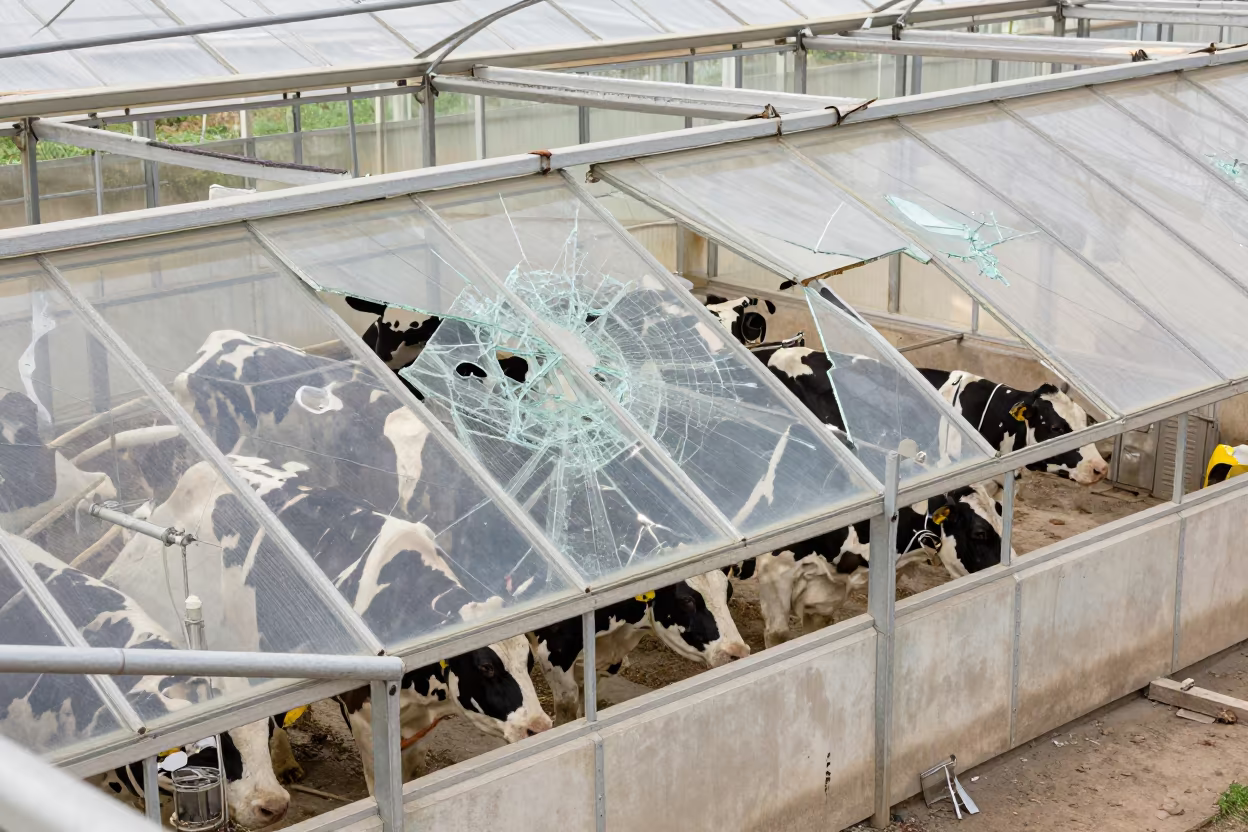 Shattered Greenhouse Glass in Turkmen Dairy Parlor in in a dairy milking parlor in Turkmenistan