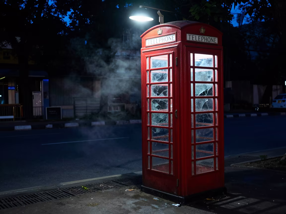 Shattered Phone Booth Under Flickering Light in beneath a flickering underpass light in Bangalore