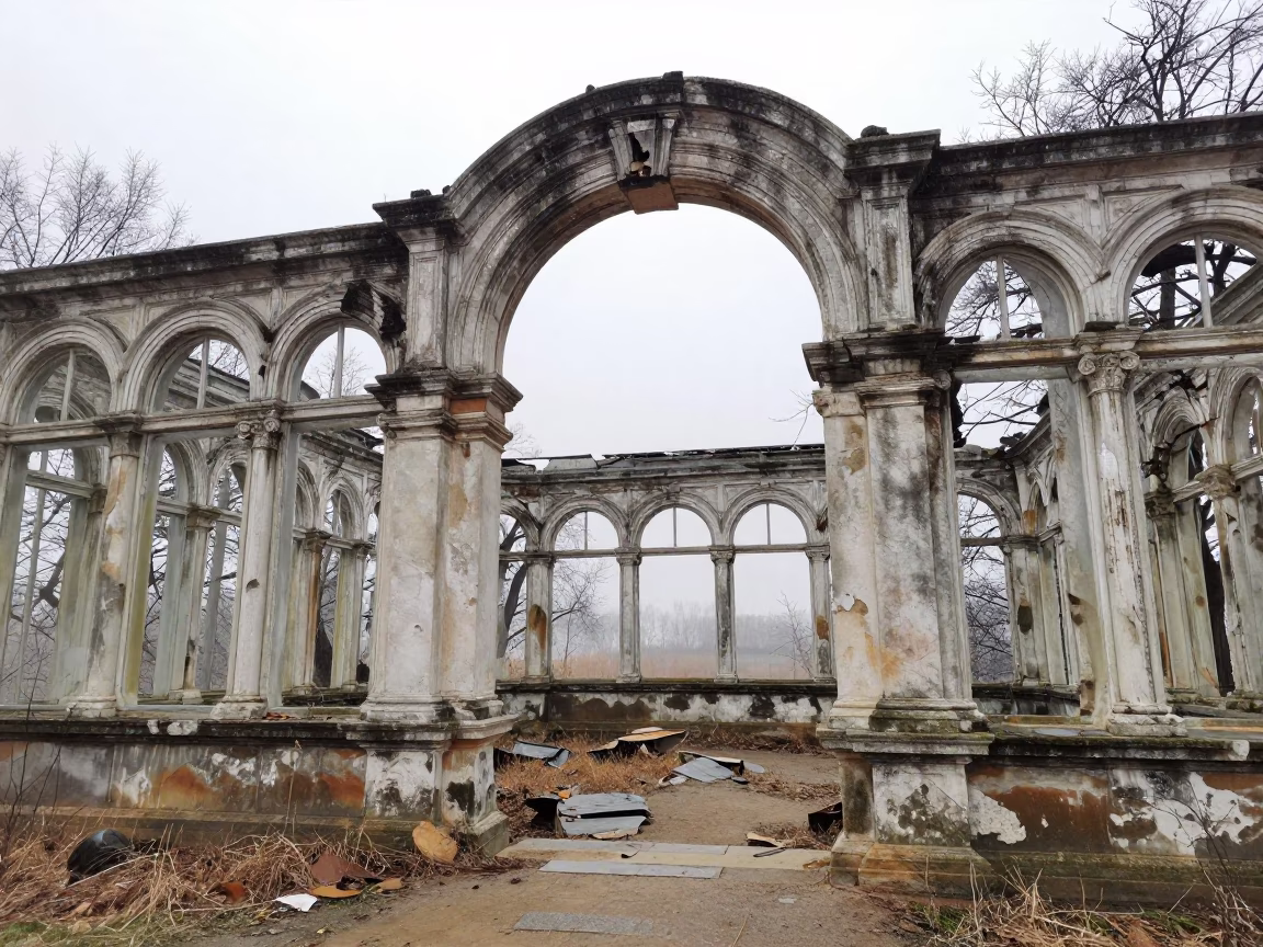 Shattered Ribs of Decaying Orangery in Winter in beneath a broken stone arch near Sangli