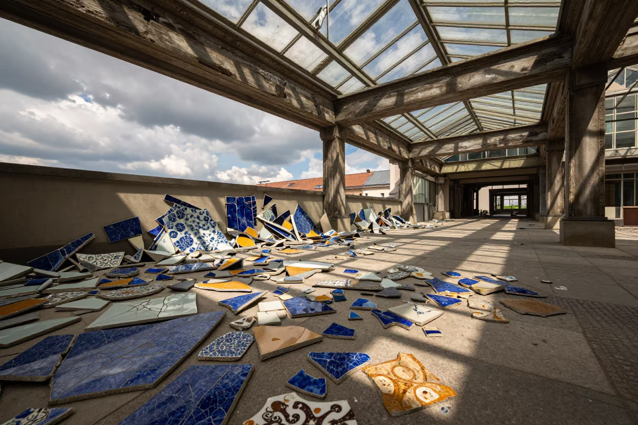Shattered Tile Mosaics Under Glass Arcade Munich in inside a glass-roofed arcade near Haidhausen, Munich
