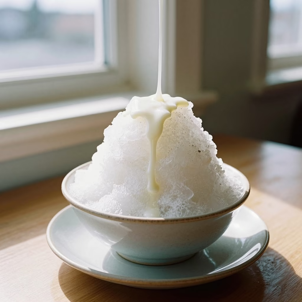 Shaved Ice Bowl Condensed Milk Anchorage Window Noon in on a ceramic plate by a window in Anchorage