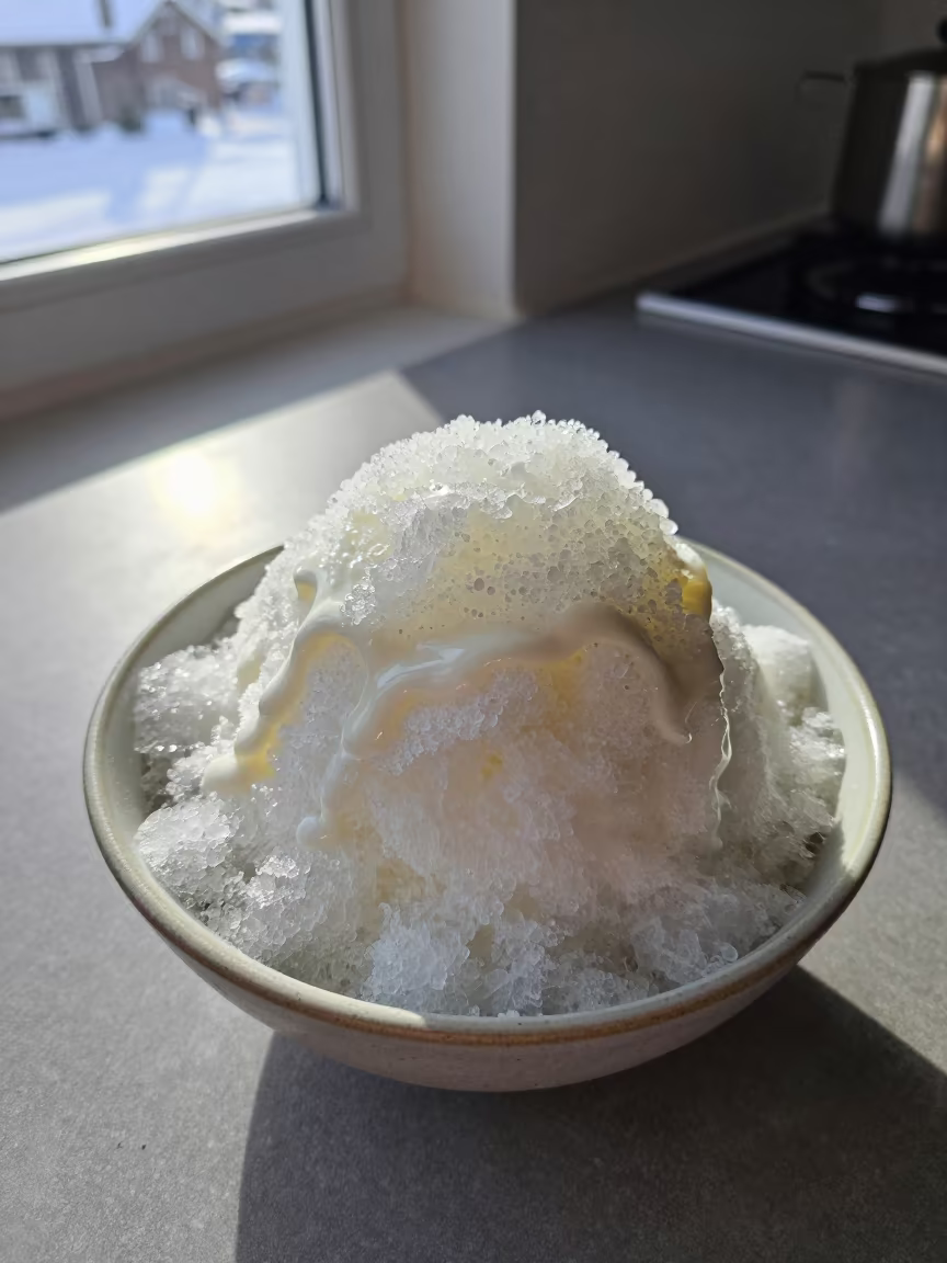 Shaved Ice Bowl with Condensed Milk on Kitchen Counter in on a kitchen worktop in Kiruna