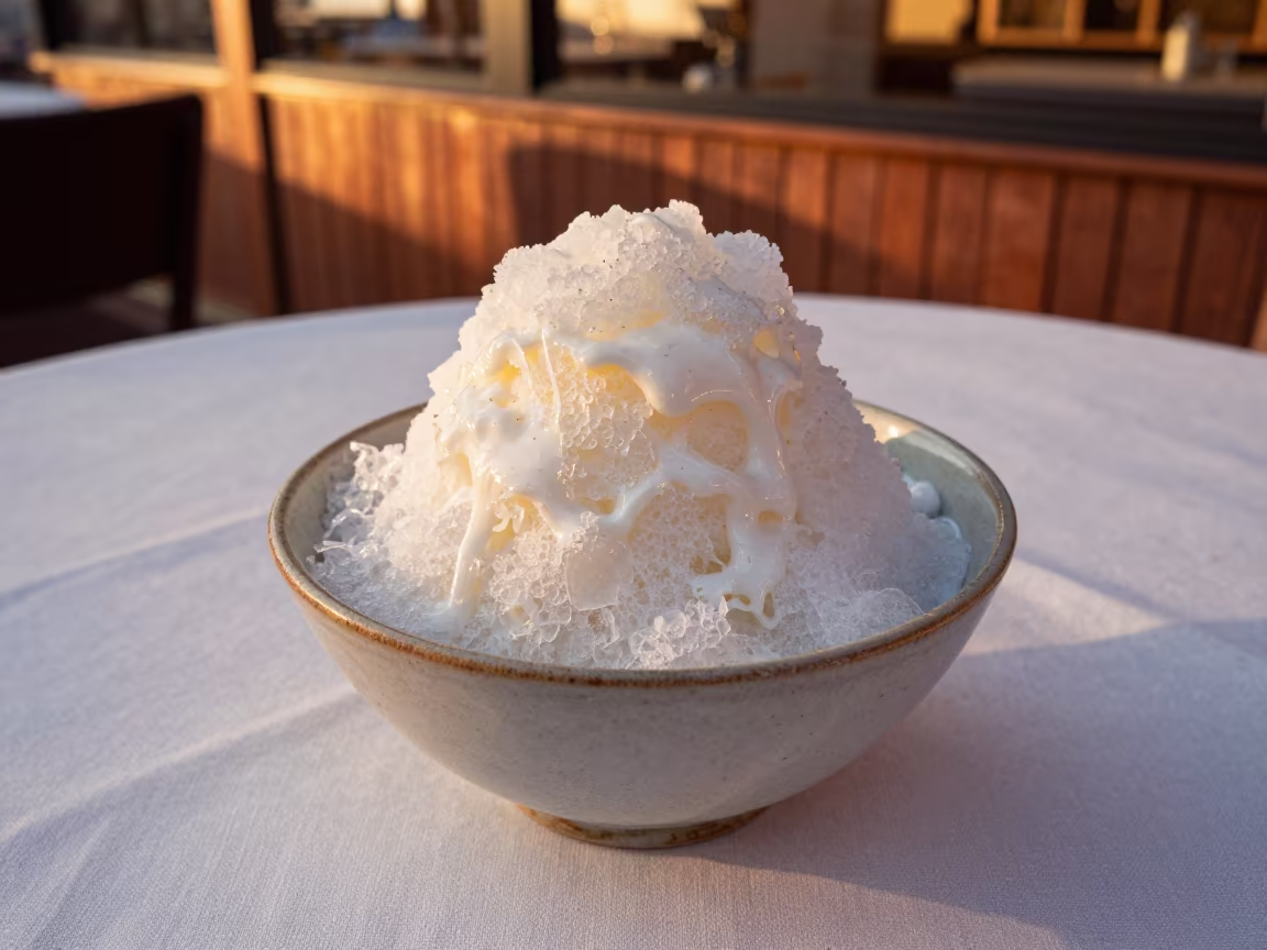 Shaved Ice Bowl with Condensed Milk in Oslo in on a linen-covered restaurant table in Oslo