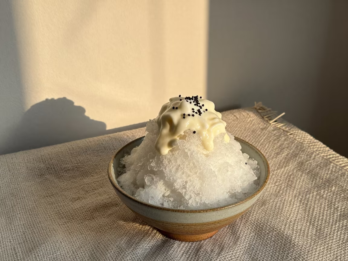 Shaved Ice Bowl with Condensed Milk on Picnic Blanket in on a picnic blanket in Sapporo