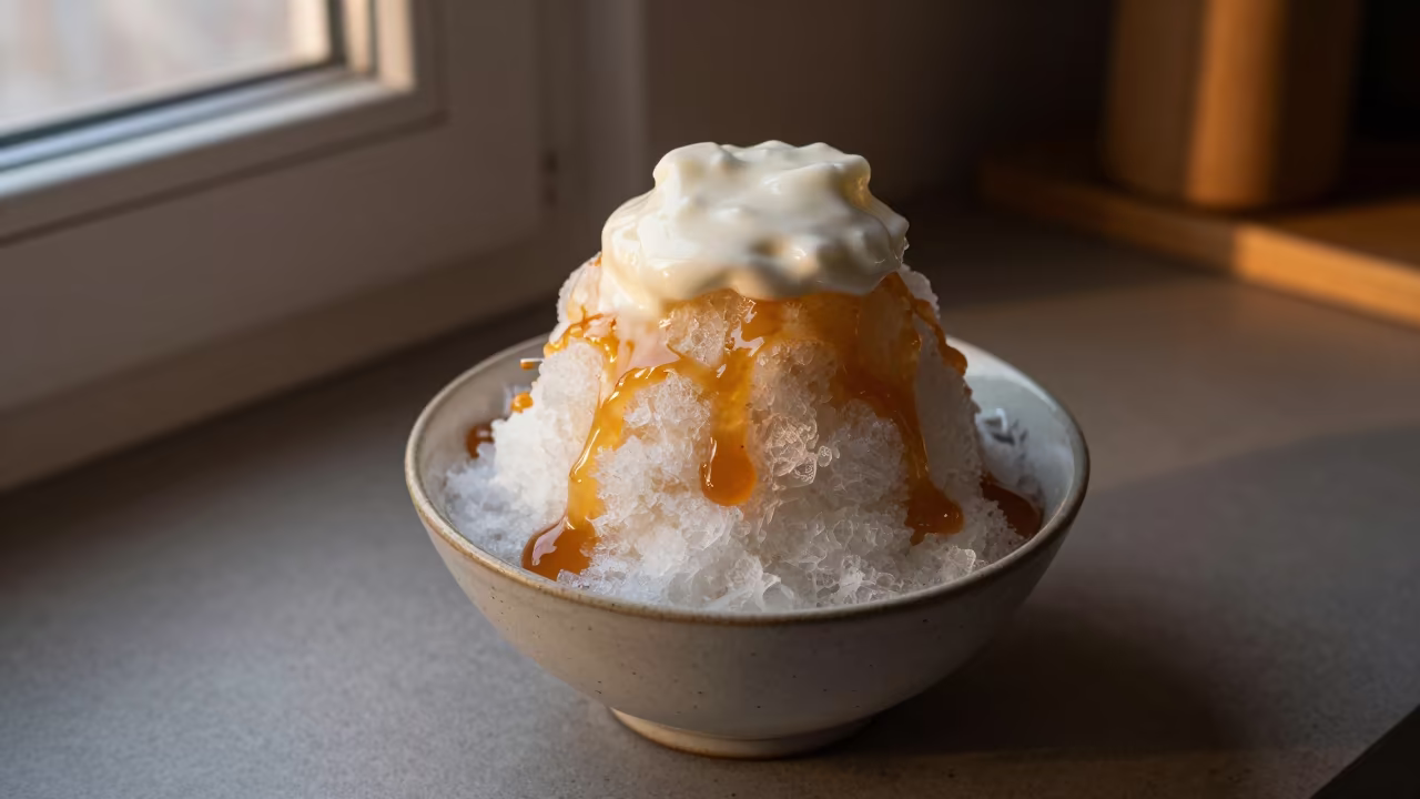 Shaved Ice Bowl with Condensed Milk in Stockholm Kitchen in on a kitchen worktop in Stockholm