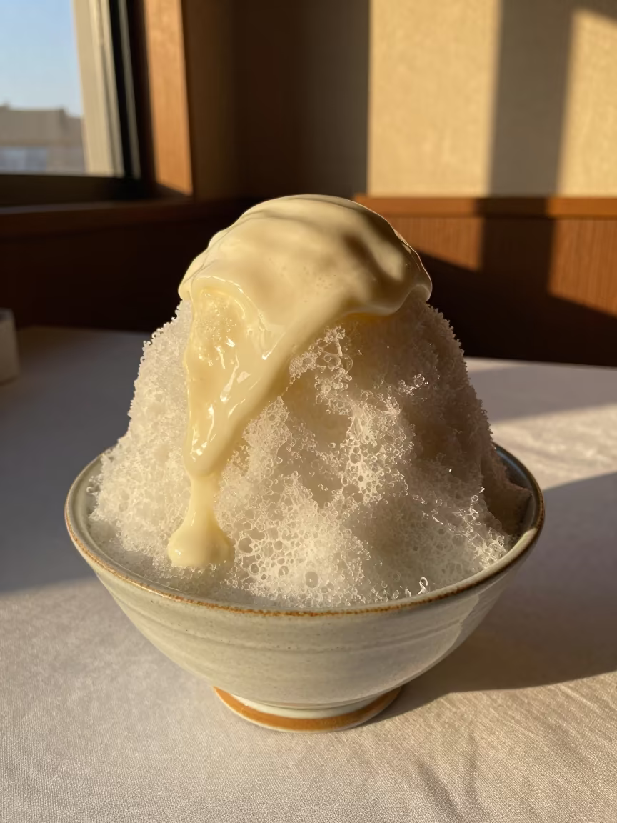 Shaved Ice with Condensed Milk Sapporo Golden Hour in on a linen-covered restaurant table in Sapporo
