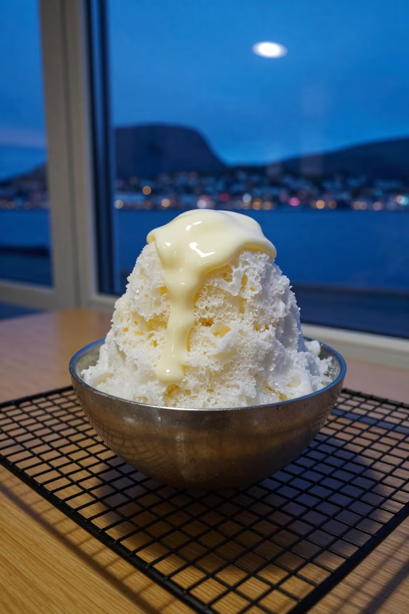 Shaved Ice with Condensed Milk in Tromsø Bakery in on a bakery cooling rack in Tromsø