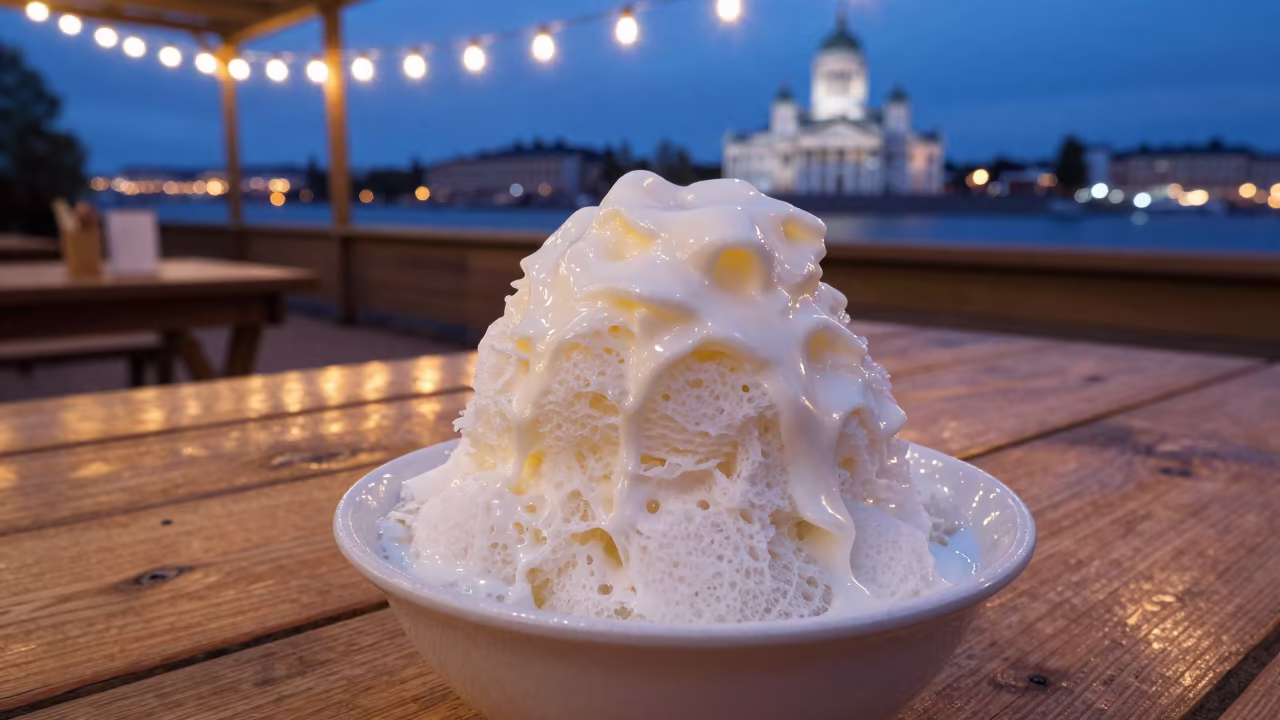 Shaved Ice Dessert in String Light Glow in on a rustic wooden table in Suomenlinna, Helsinki