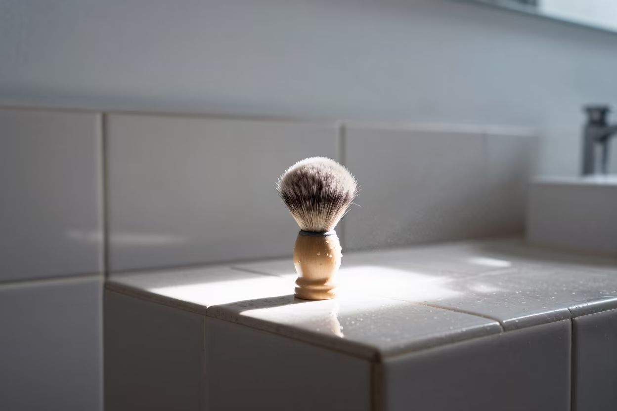 Shaving Brush on Tiled Vanity in Tarapoto Museum in on a museum plinth in Tarapoto