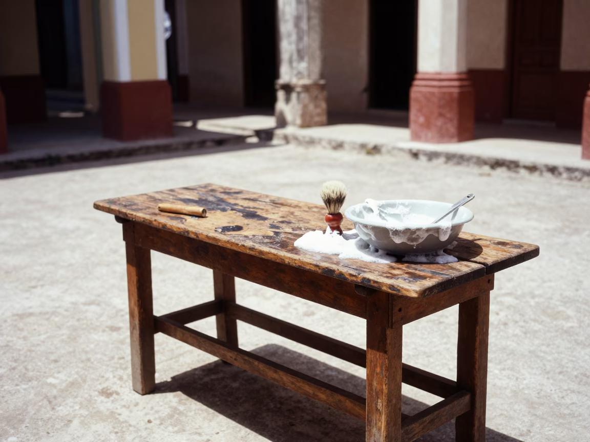 Shaving Ritual in Havana Courtyard Under Flat Noon Light in in Havana, Cuba