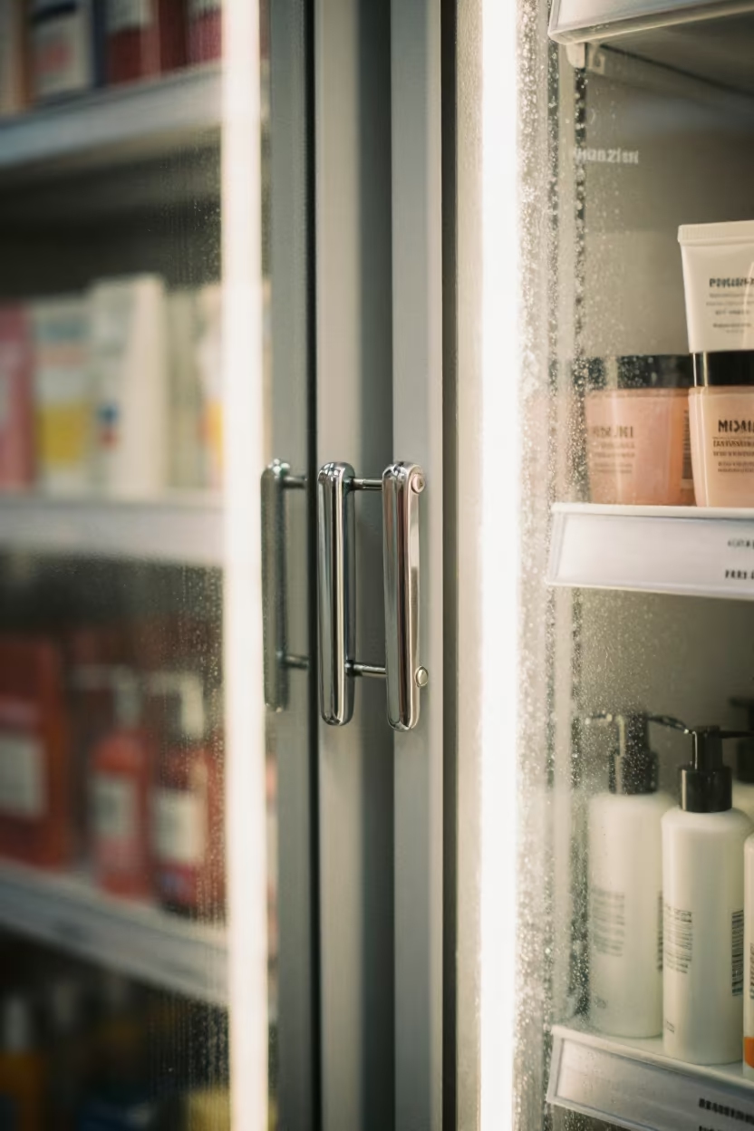 Shaving Towel Warmer Latch in Manzini Store in in a beauty supply area under white LEDs near Manzini