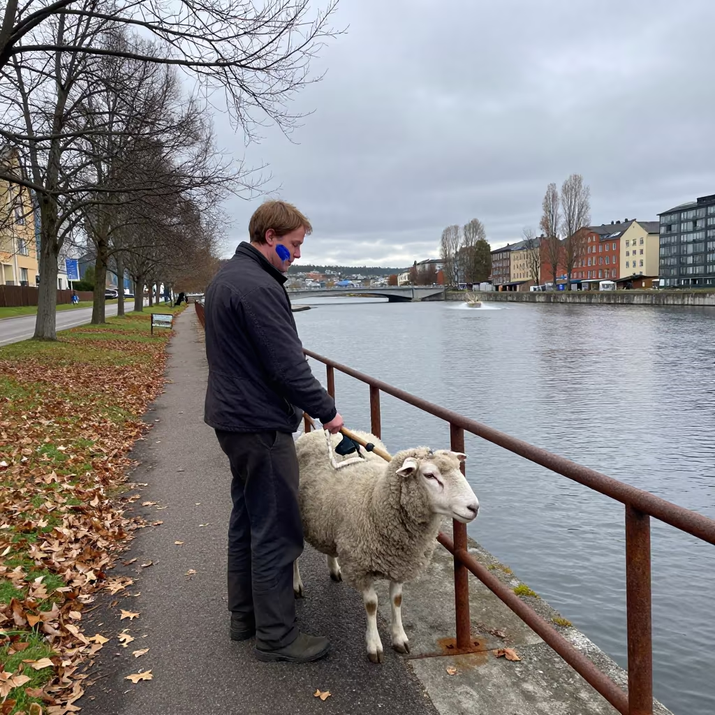 Shearer with Paint Beside Oslo Canal in beside a canal in Oslo