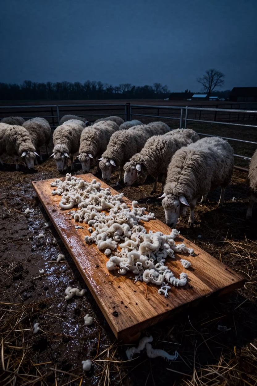 Shearing Board with Wool Curls and Tagged Sheep in along a muddy paddock fence in Indiana