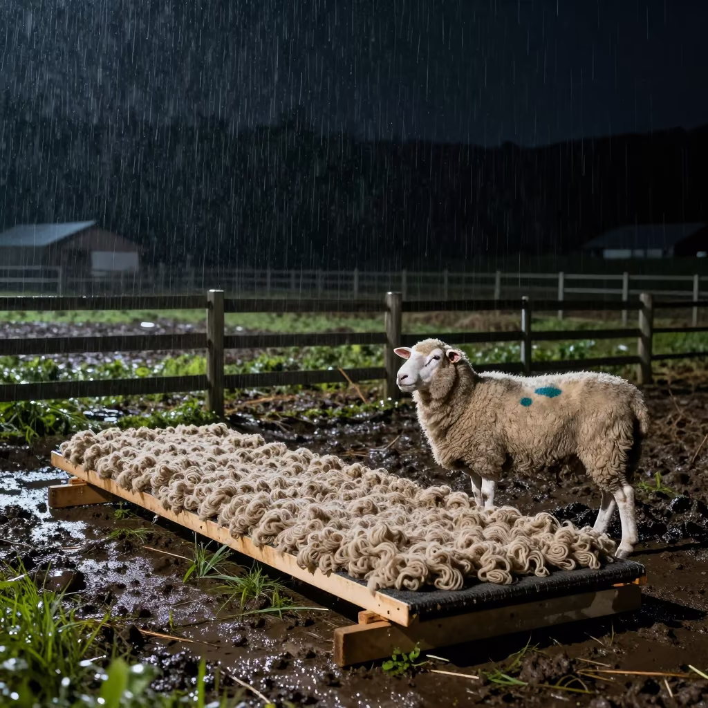 Shearing Board Wool Curls Tagged Sheep Night in along a muddy paddock fence in Chubu