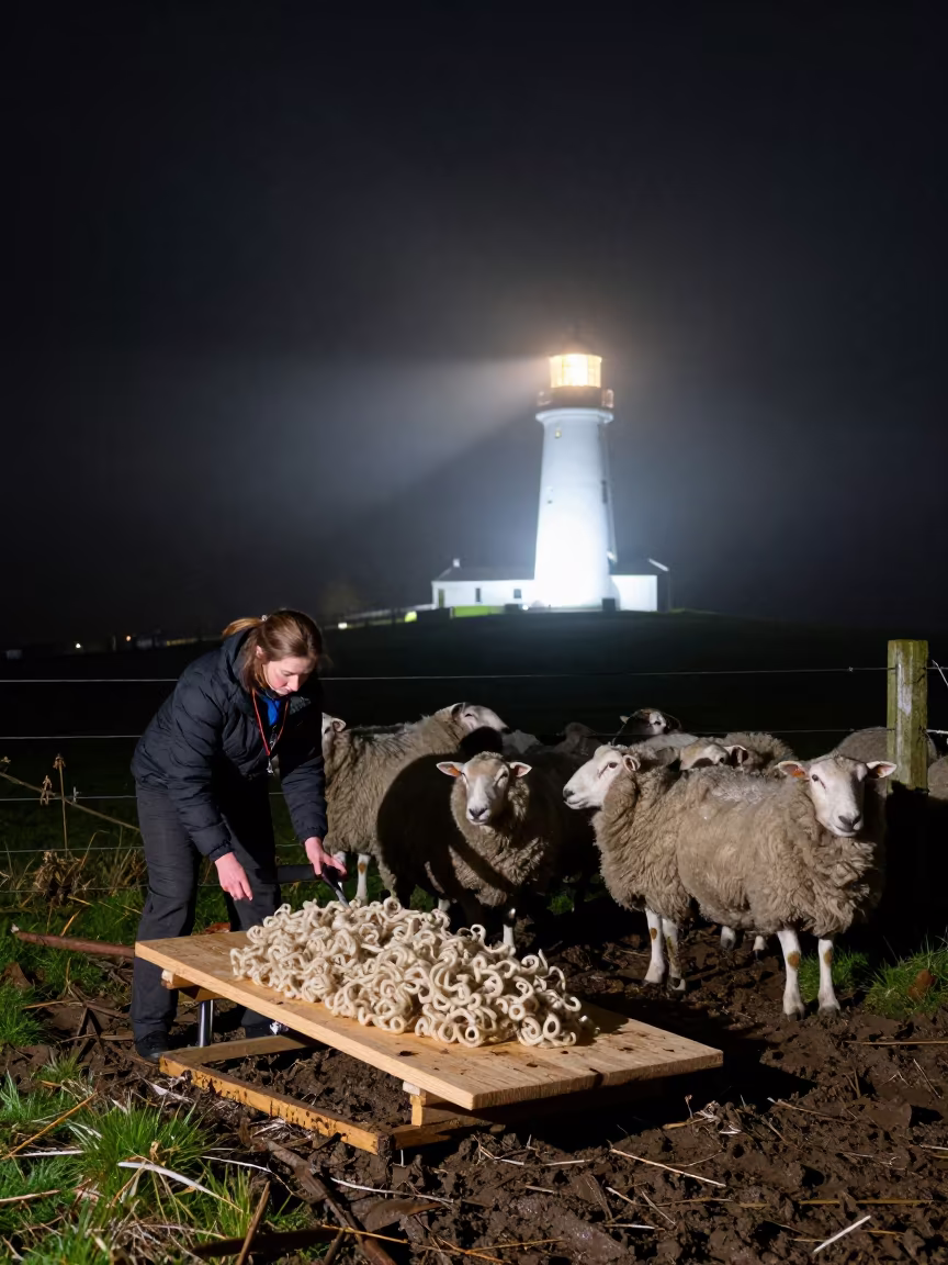 Shearing Board with Wool and Tagged Sheep at Night in along a muddy paddock fence in Cornwall
