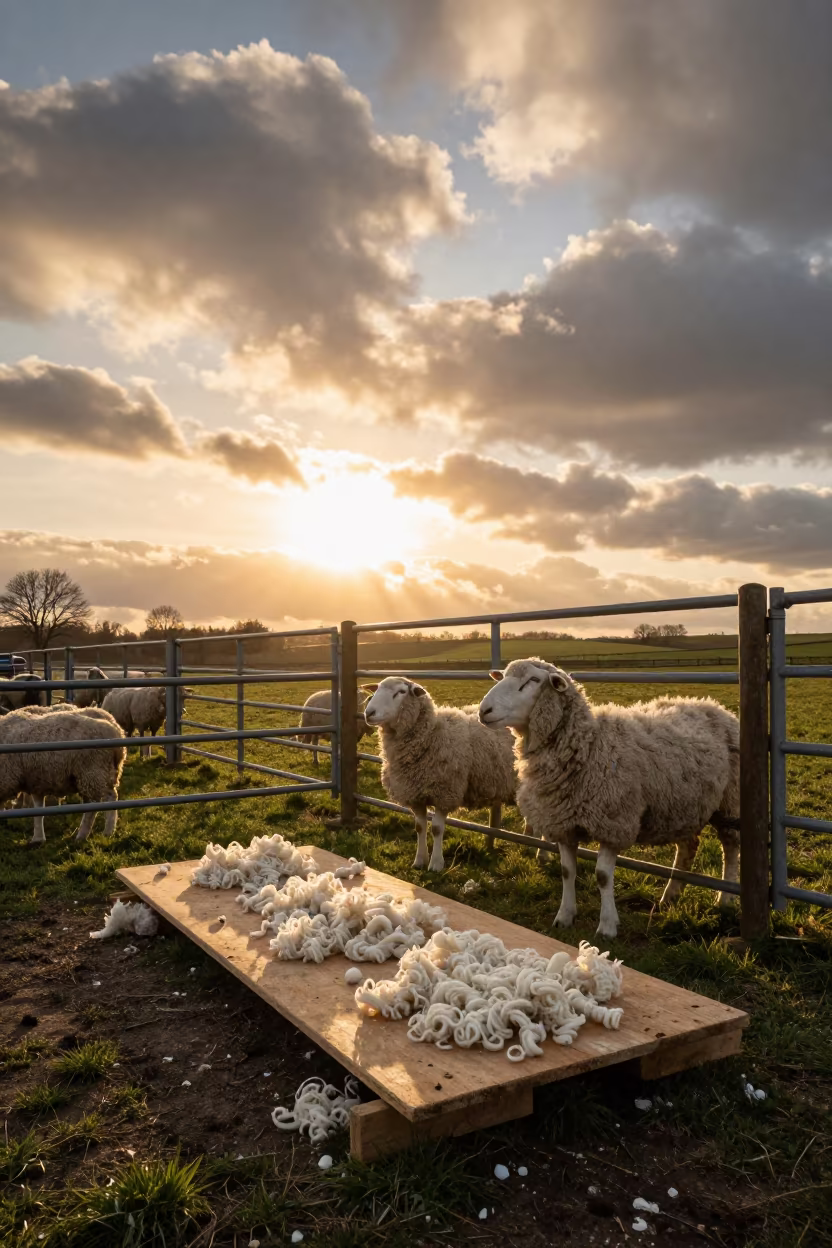 Shearing Board with Wool and Tagged Sheep at Sunset in inside a ranch corral in Burgundy