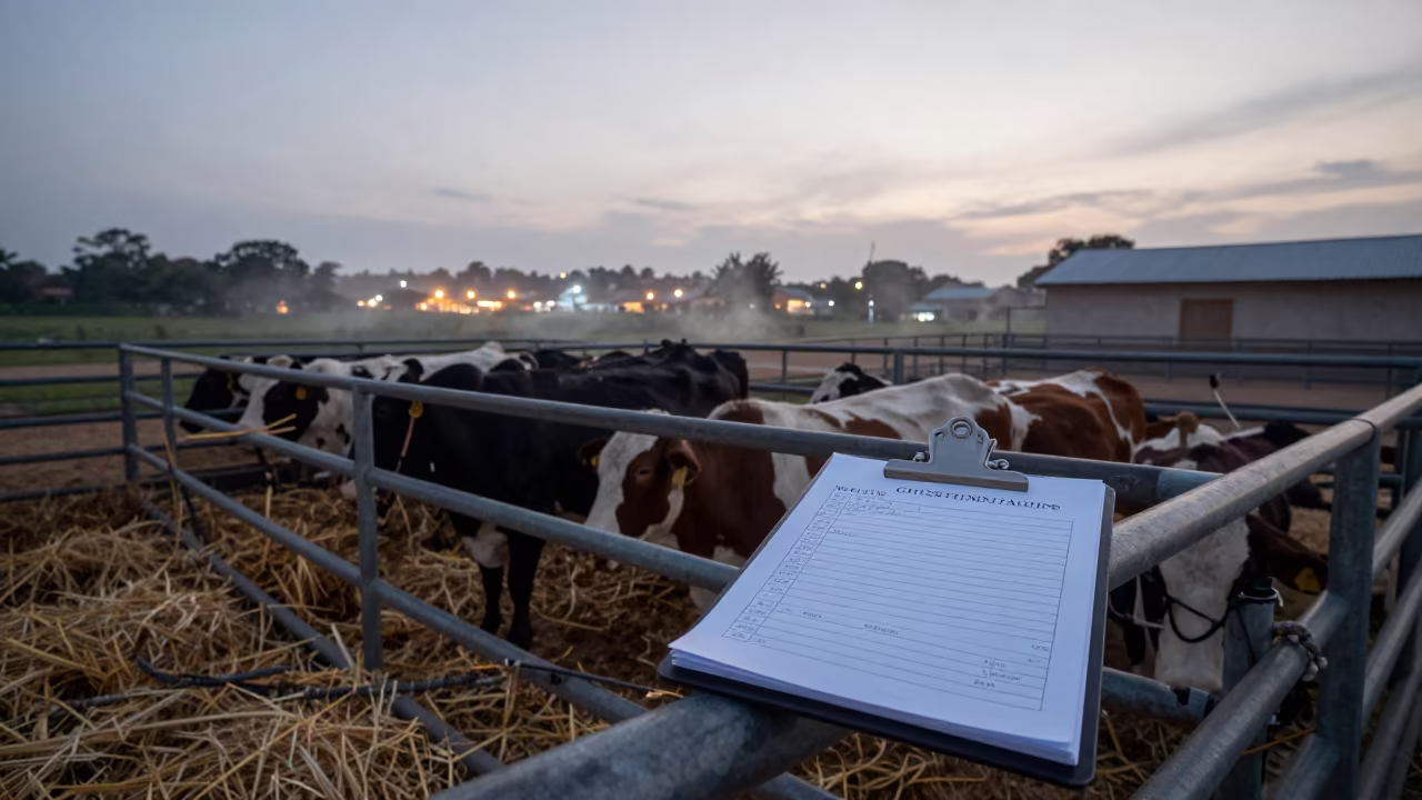 Shearing Clipboard on Barn Rail at Cuba Twilight in near a windbreak and water trough in Cuba