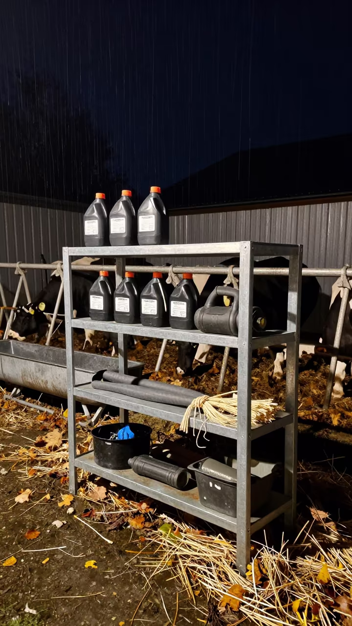 Shearing Oil Shelf in Autumn Czech Barn in near a windbreak and water trough in Czech Republic