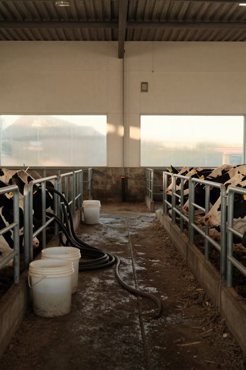 Shearing Shed Cleanup with Hoses and Buckets in inside a shearing shed in England