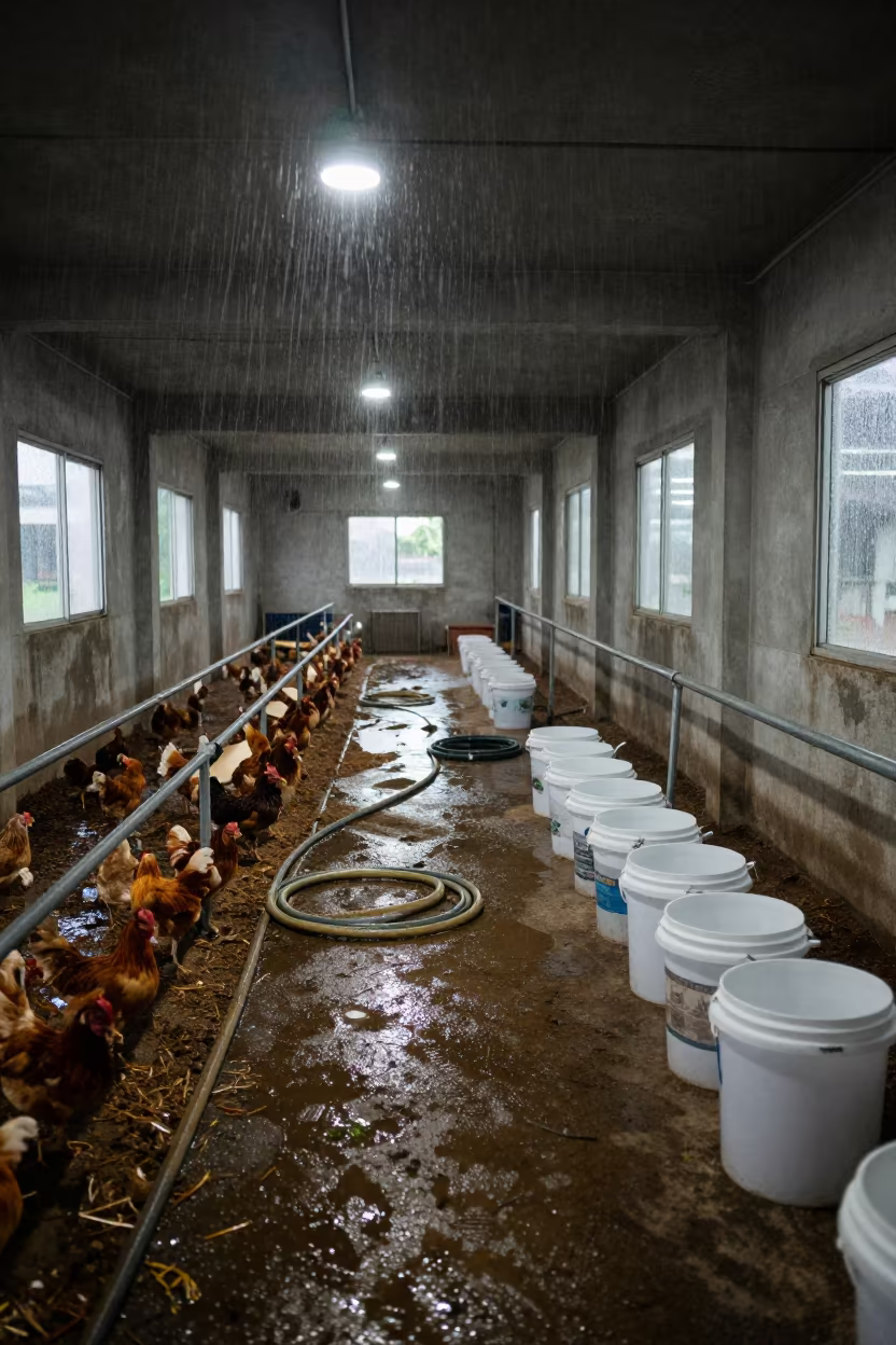 Shearing Shed Monsoon Morning Thailand in in a poultry house aisle in Thailand