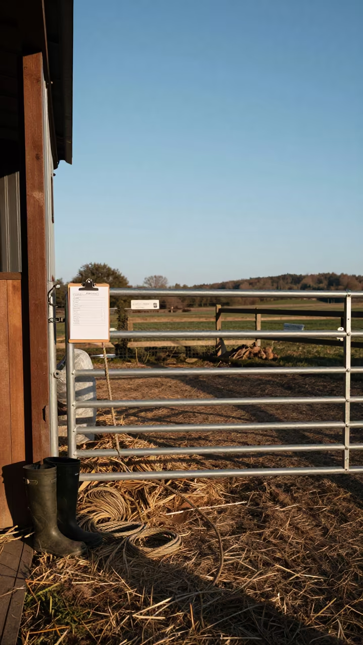 Shearing Tally Clipboard Rail in Morning Barn Light in beside a pasture gate in Luxembourg