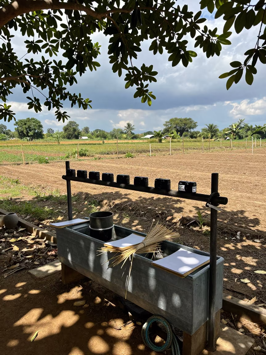 Shearing tally clipboard rail in Thai barn light in near a windbreak and water trough in Thailand