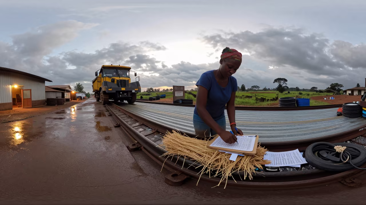 Shearing tally clipboard rail at Ugandan stockyard twilight in at a stockyard loading ramp in Uganda