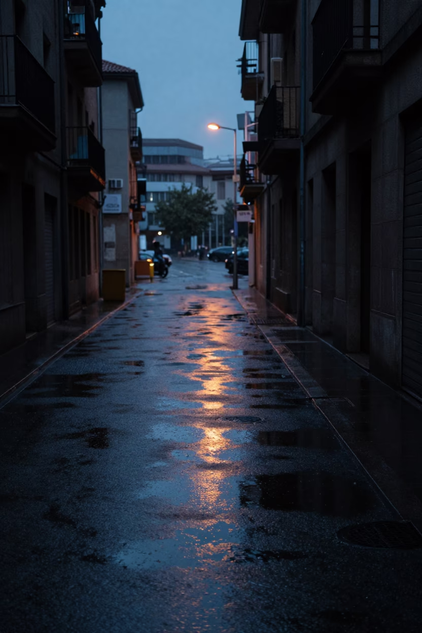 Sheen Rainwater in Bilbao at The Predawn Darkness Light in in Bilbao, Spain