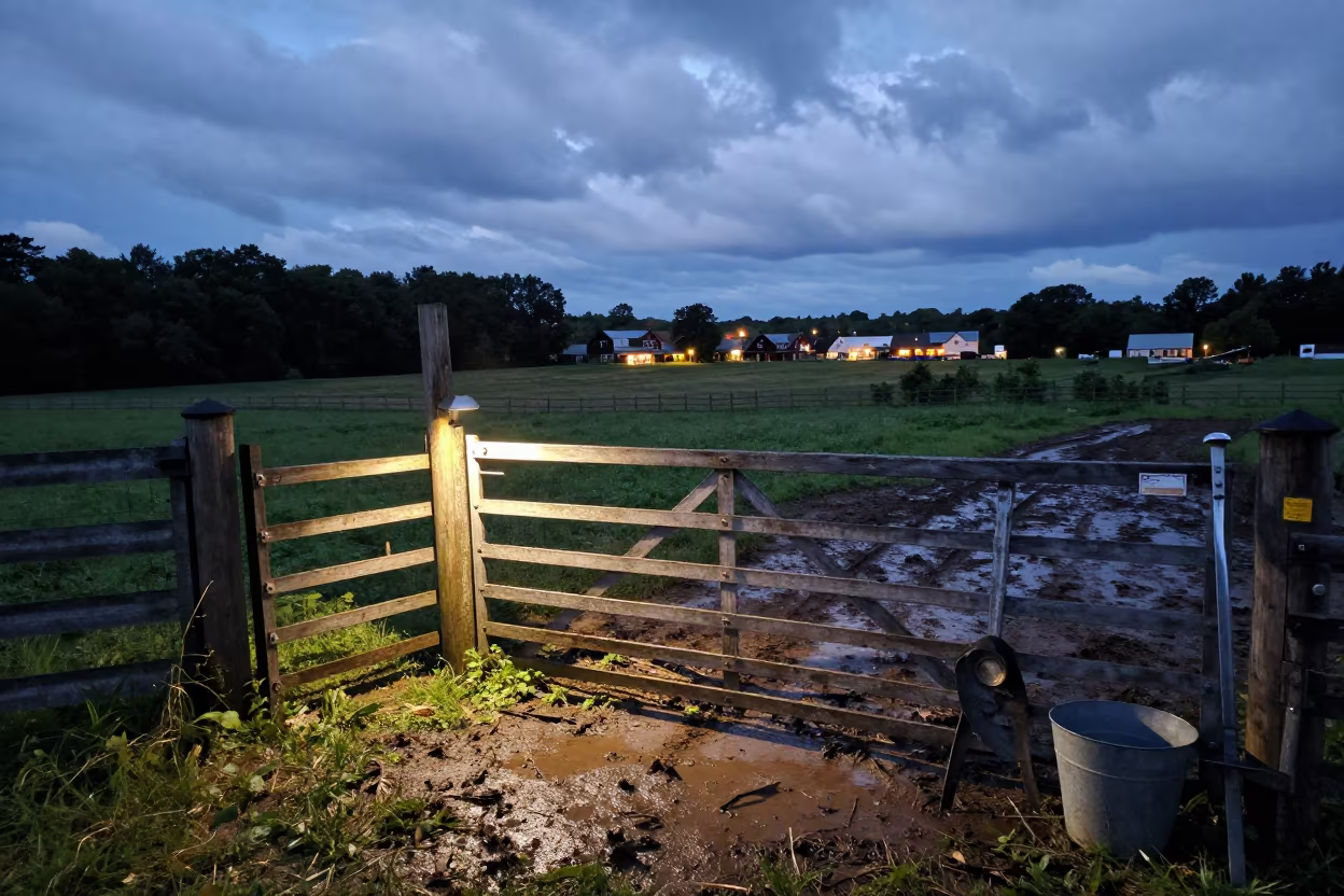 Sheep Dip Gate Under Barn Light in Connecticut in along a muddy paddock fence in Connecticut