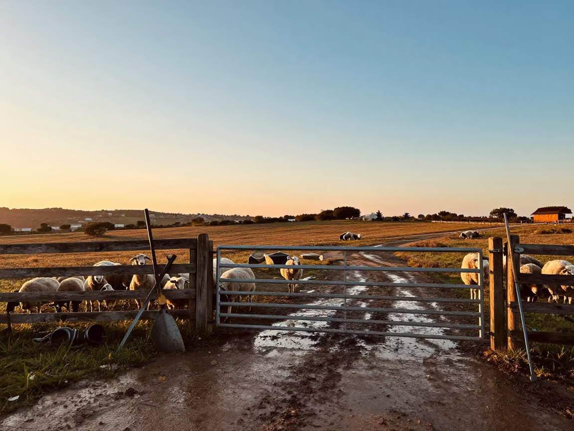 Sheep Dip Gate Golden Hour Monsoon Paddock in along a muddy paddock fence in the Balearic Islands