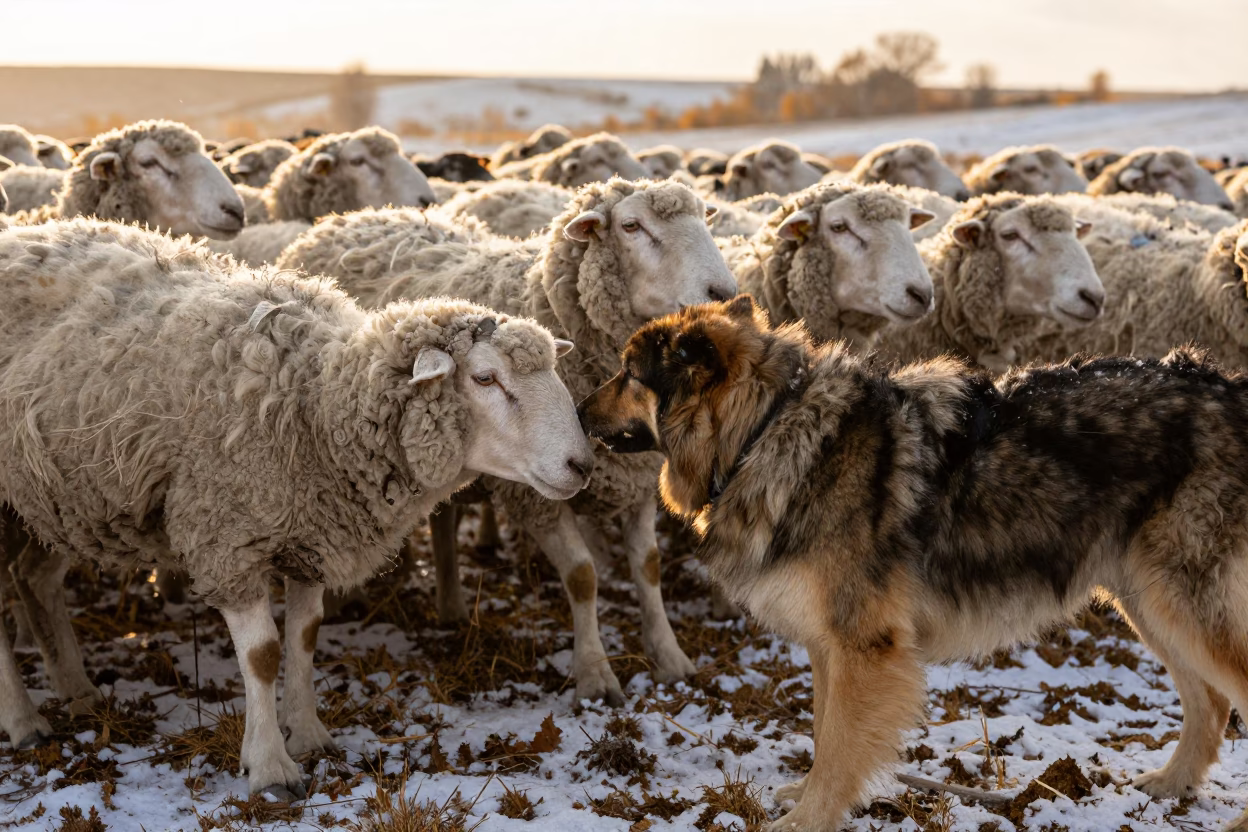 Sheep Dog Herding Flock in Autumn Snow Near Ankara in near Ankara