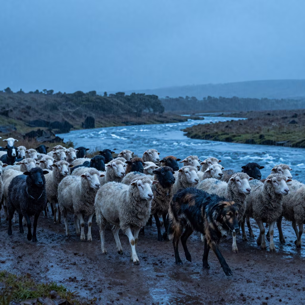 Sheep Dog Herding Flock in Rift Valley Rain in above a glacial stream in the Rift Valley