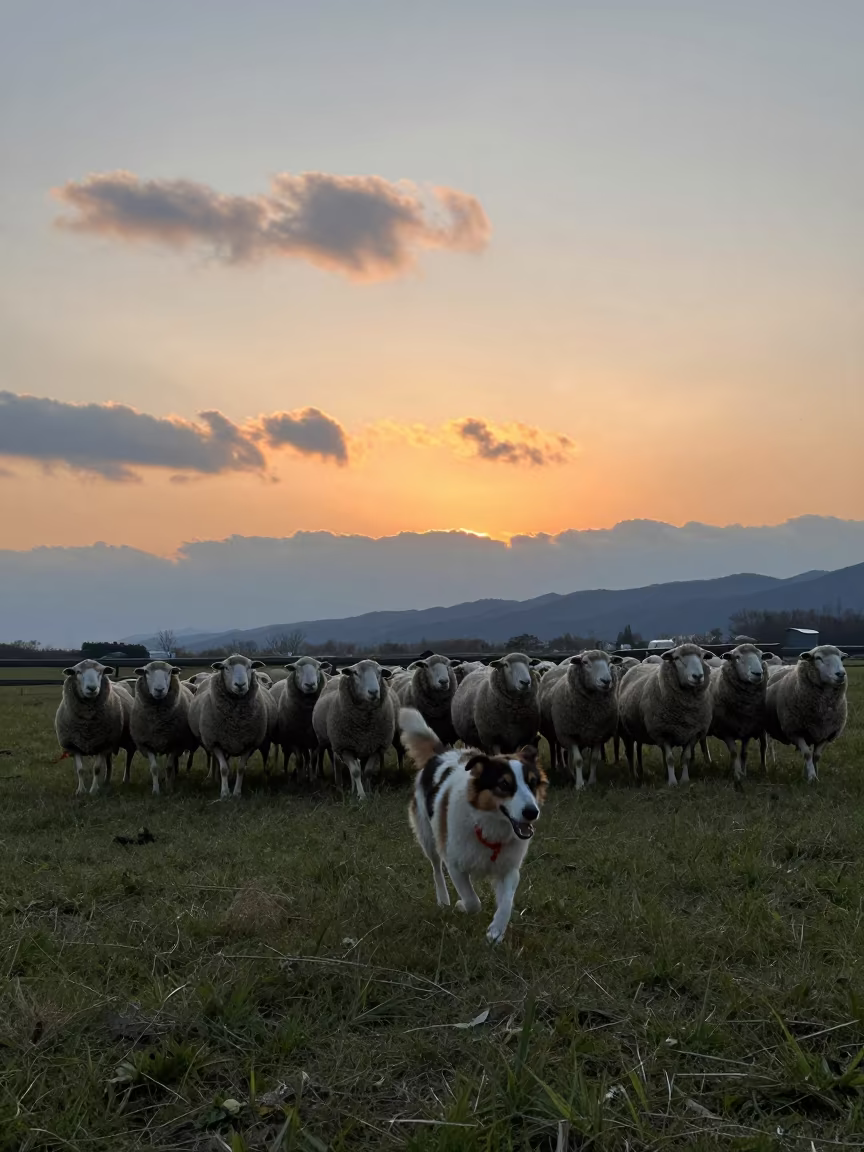 Sheep Dog Herding Flock at Sunset Near Kanazawa in near Kanazawa